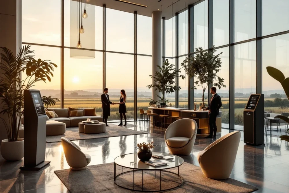 Een luxe hotel lobby in Nederland met modern meubilair, digitale kiosken, veel natuurlijk licht en uitzicht op het Nederlandse landschap. Een moderne hotel lobby in Nederland met luxe meubels, slimme incheckstations, veel natuurlijk licht en een vriendelijke conciërge.