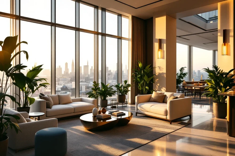 Moderne hotel lobby met warme verlichting, stijlvolle zitplekken, stadzicht, vriendelijk personeel en groene planten. Moderne hotel lobby met warme verlichting, luxe meubels, stadzicht en vriendelijk personeel van BetterStays; sfeer van comfort en exclusiviteit.