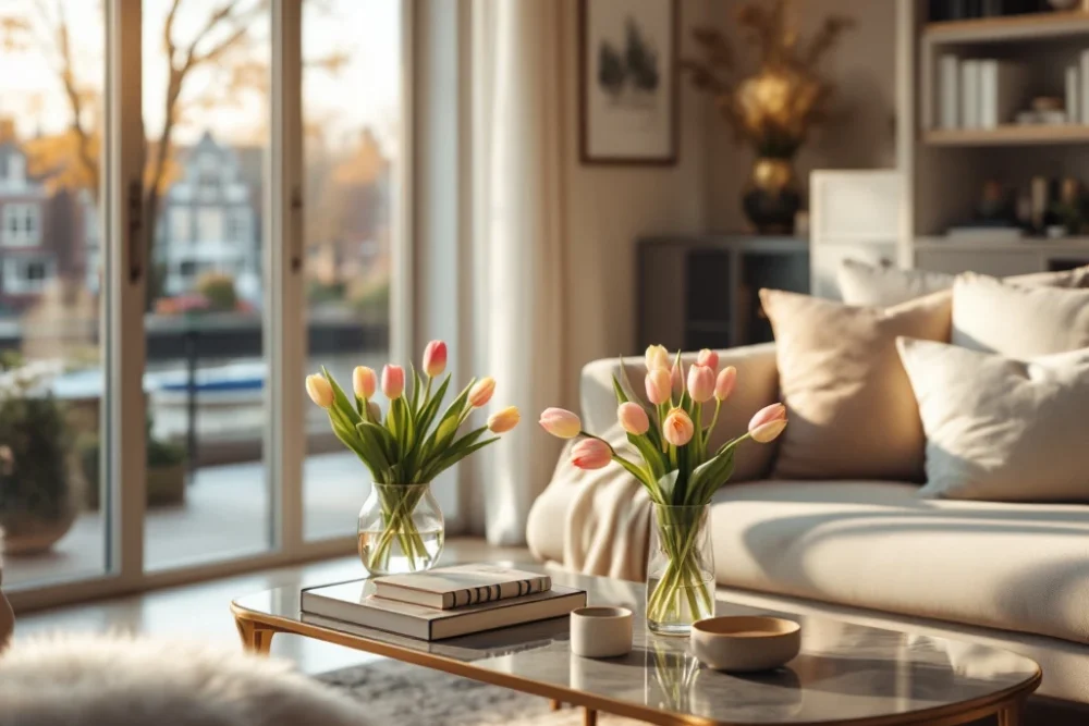 Interieur van een luxe Nederlands Airbnb met grote ramen, comfortabele meubels, verse tulpen en uitzicht op een kanaal. Een luxe, moderne Nederlandse woonkamer met grote ramen, een comfortabele bank, tulpen op de tafel en uitzicht op een gracht.