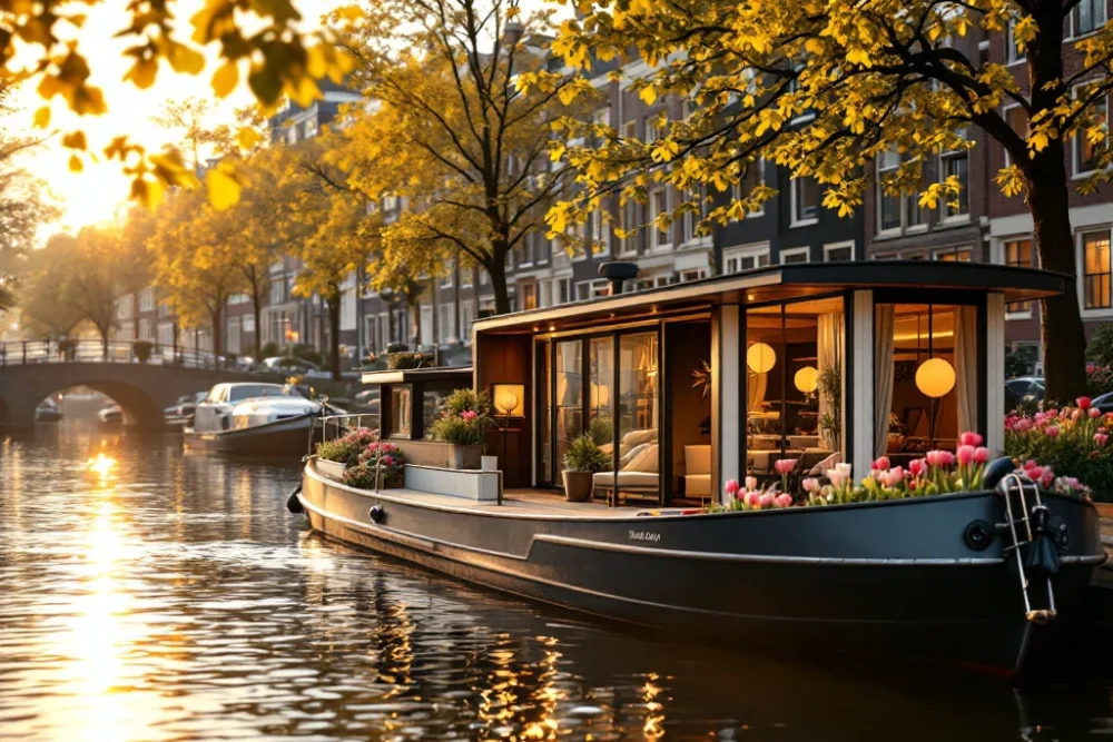 Een luxueus Amsterdams kanaal met een moderne woonboot, historische architectuur en bloeiende tulpen in warm, goud licht. Een serene Amsterdamse gracht met een moderne woonboot en historische architectuur, omlijst door bloeiende tulpen en warm licht.