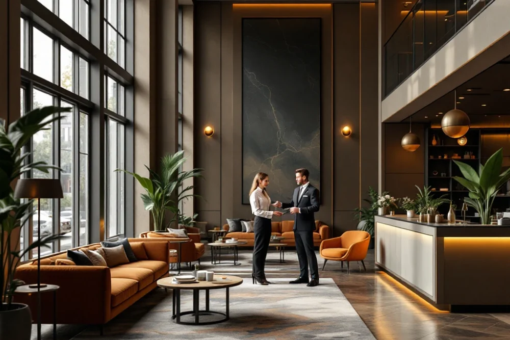 Lobby van een luxe Nederlands hotel met modern interieur, veel licht, conciërge helpt gast. Duurzaamheid en gastvrijheid staan centraal. Een luxe hotel lobby in Nederland met modern interieur, veel licht, een vriendelijke conciërge en een duurzaam ontworpen receptie.