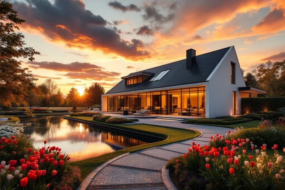 Luxueuze villa in Nederland, moderne architectuur, grote ramen, omringd door groen en kanaal bij zonsondergang, tulpen in tuin. Een luxe Nederlandse villa met moderne architectuur, omgeven door groen en een kanaal, verlicht door een gouden zonsondergang.