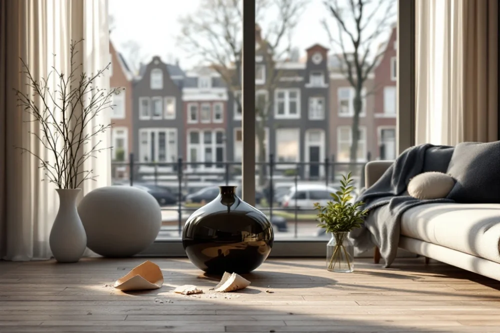 Een luxe en stijlvol ingerichte Nederlandse woonkamer met modern meubilair, een gebroken vaas op de vloer en uitzicht op een Amsterdamse gracht. Een stijlvol ingerichte woonkamer met modern meubilair en uitzicht op een Amsterdamse gracht, met een gebroken vaas op de vloer.