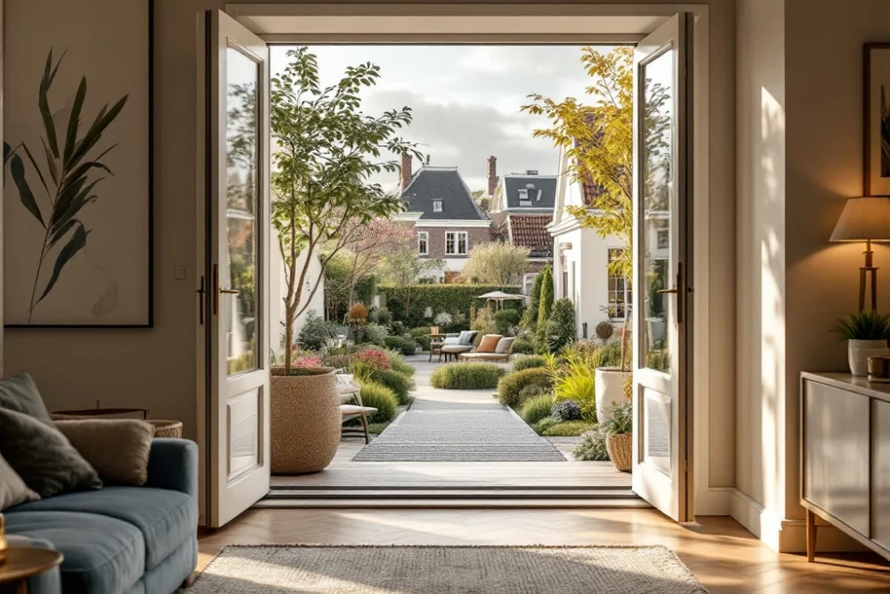 Luxe en toegankelijke Airbnb in een schilderachtige Nederlandse setting, met modern interieur, ruime doorgangen en terras met uitzicht. Luxe, toegankelijke Airbnb in Nederland met ruime inrichting, zachte verlichting, stijlvolle meubels en een terras met uitzicht op groen en architectuur.