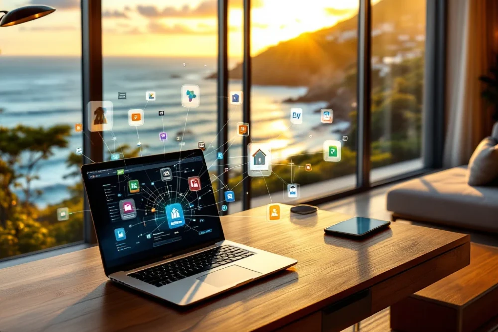 luxe-vakantie-appartement-boekingsplatform-kustgezicht.jpg Luxe vakantieappartement met zeezicht, laptop toont kleurrijke boekingsplatforms, tablet met woningadvertentie en smartphone met reserveringsbevestiging in zonlicht