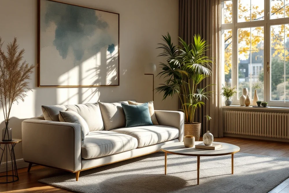 Luxe woonkamer in een high-end Airbnb in Nederland, met moderne meubels, warme verlichting, neutrale tinten en subtiele kunst. Luxe woonkamer in een chique Airbnb, met modern meubilair, zachte kleuren en natuurlijk licht. Comfort en stijl in een verfijnde setting.