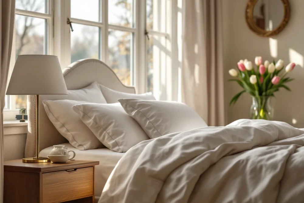 Een luxe Airbnb-kamer in Nederland met modern interieur, zonlicht, een comfortabel bed, tulpen en een gevoel van veiligheid. Elegant ingerichte Airbnb-kamer met luxe beddengoed, zonlicht door grote ramen, moderne decor en tulpen, uitstralend comfort en veiligheid.