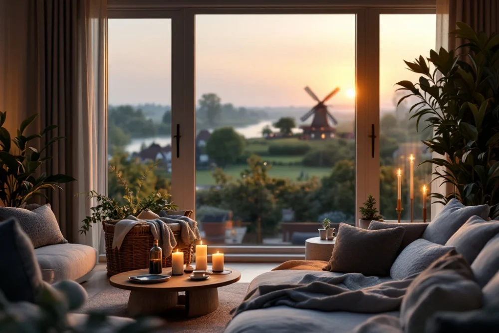 Een luxe Airbnb-interieur in Nederland met moderne meubels, grote ramen met uitzicht op landschap en windmolen, en warme aardetinten. Een sfeervol Airbnb-interieur in Nederland met moderne meubels, grote ramen met uitzicht op groen en een windmolen in de verte.