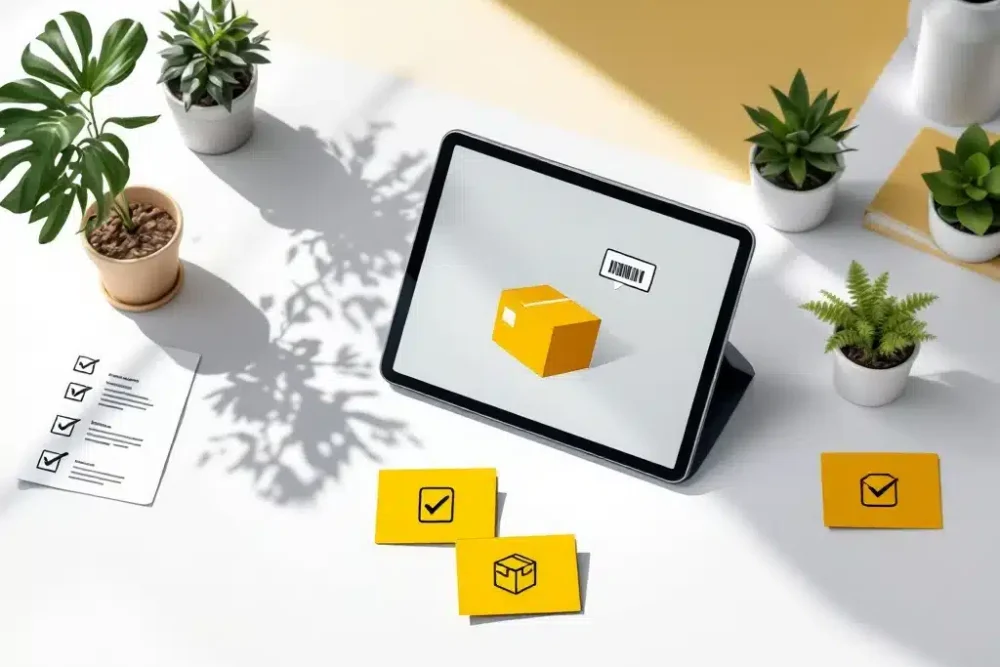 voorraad-beheer-tablet-warehouse-management.jpg Tablet met magazijnbeheer pictogrammen op schoon bureau met gele accentkaarten en georganiseerde documenten