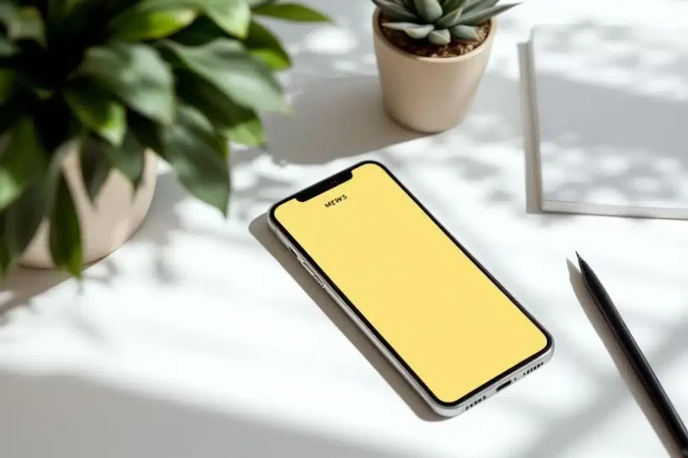 Smartphone met MEWS hospitality app interface op wit bureau met plant en notitieblok in geel kleurenschema