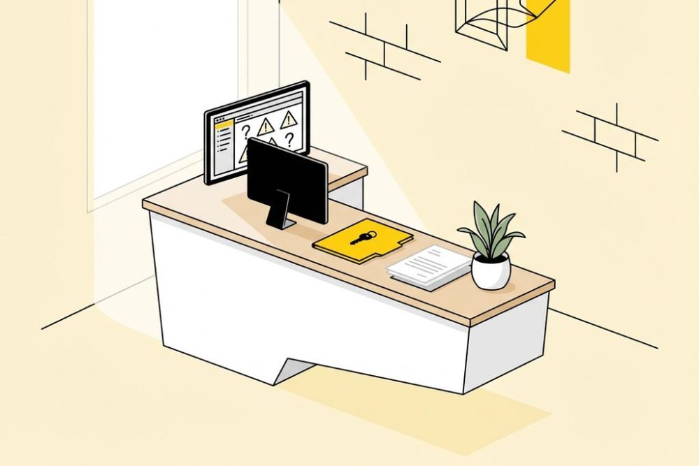 Moderne hotelreceptie met computer die MEWS software waarschuwingen toont, gele map met hotelsleutel pictogram op bureau