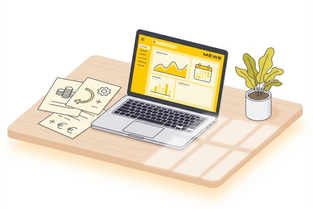 Laptop met MEWS software-interface op wit bureau met gele accenten, papieren met euro-symbolen en kostenberekeningen