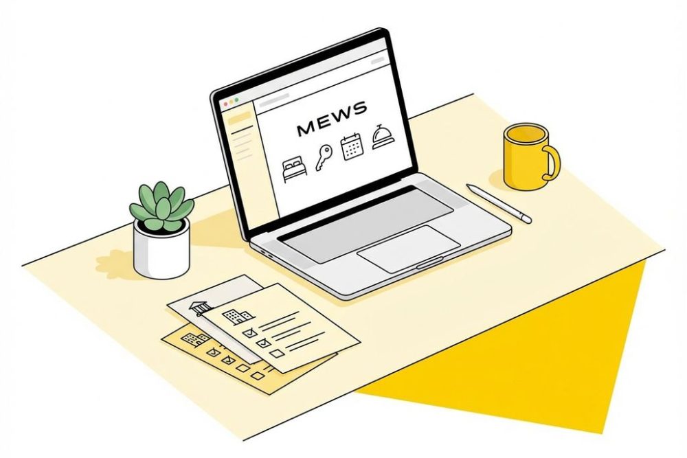 Laptop met MEWS hotelbeheersoftware op gele minimalistische werkplek met trainingsmaterialen en plantje