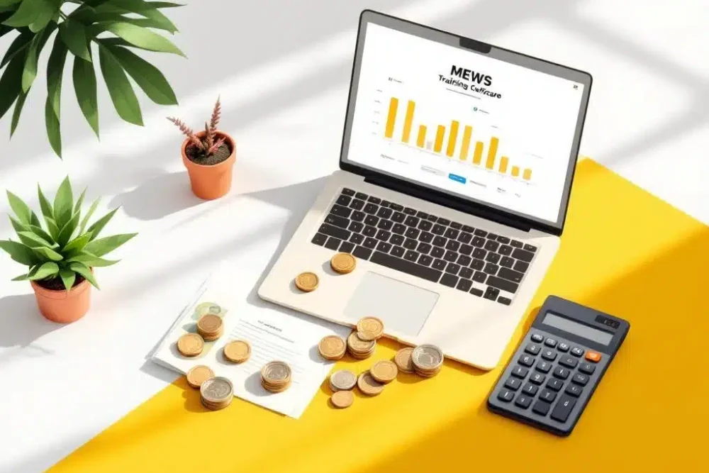 Laptop met MEWS software-interface naast rekenmachine, eurobiljetten en munten, en trainingscertificaat op wit bureau