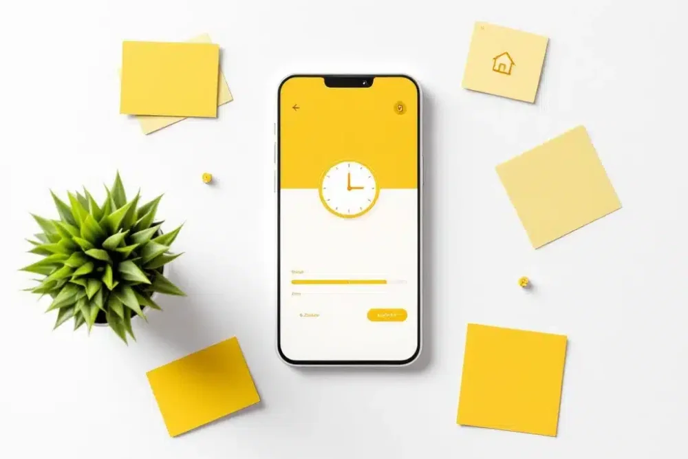 last-minute-hotel-booking-smartphone-interface.jpg Smartphone met boekingsapp en klokpictogram op gele bureauopstelling, benadrukt urgentie van last-minute reserveringen