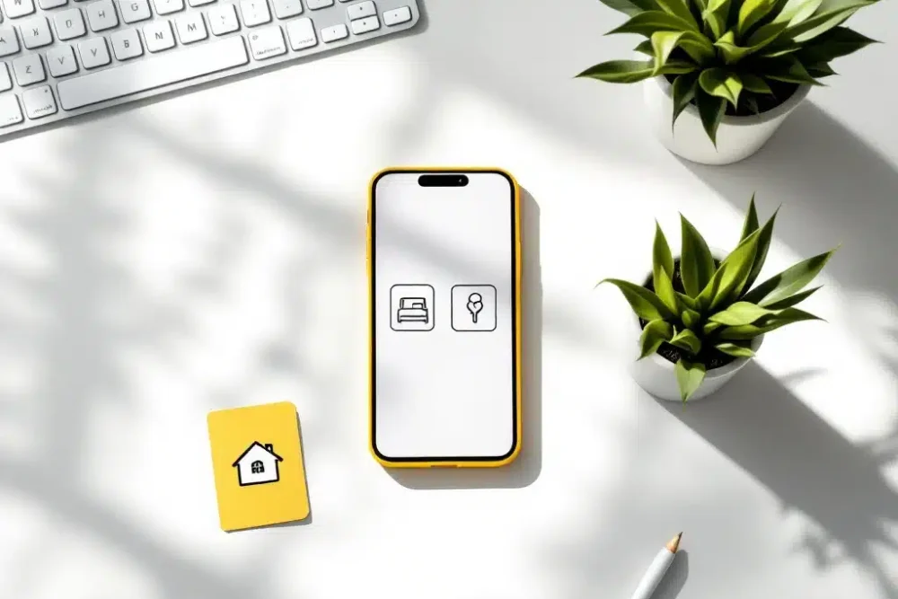 guest-app-interface-smartphone-hotel-accommodatie.jpg Smartphone met gast-app interface toont accommodatie iconen naast plant op wit bureau met gele accenten