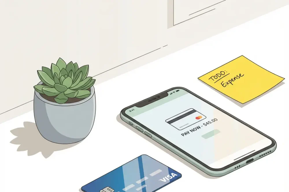 Smartphone met betalingsscherm op wit bureau naast creditcard, vetplant en gele notitie in minimalistische werkruimte