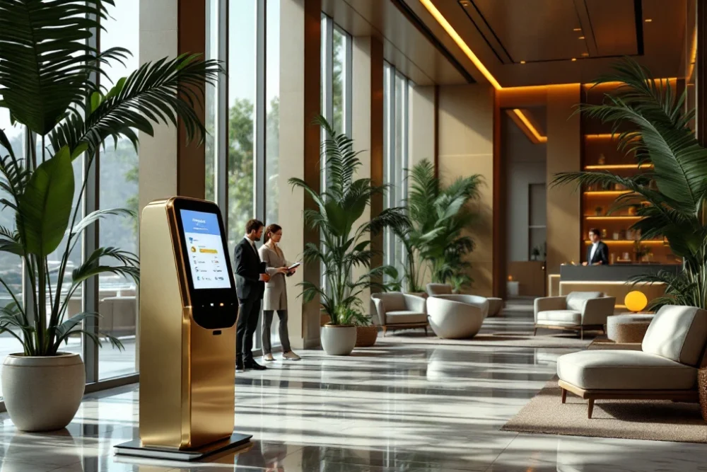 Moderne hotel lobby met geautomatiseerd incheckpunt, grote ramen, groene planten en een conciërge. Stijlvol en technologisch geavanceerd. Moderne hotel lobby met een geautomatiseerd incheckkiosk, grote ramen, planten, en een conciërge die gasten verwelkomt.