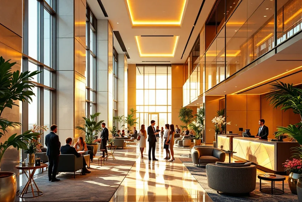 Luxe hotel lobby van BetterStays met modern design, warme verlichting, diverse gasten en persoonlijke service, straalt gastvrijheid uit. Moderne hotel lobby van BetterStays met luxe zitplaatsen, bloemen, en gasten in gesprek met personeel in een warme, uitnodigende sfeer.