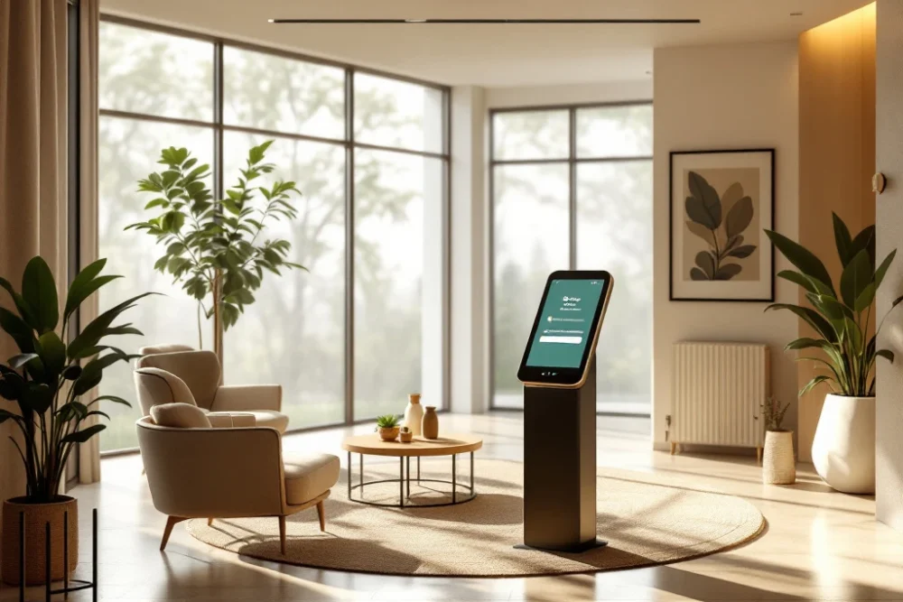 Een moderne hotel lobby in Nederland met sleutelvrije toegang, digitale check-in kiosk, minimalistisch meubilair en eco-vriendelijke decor.