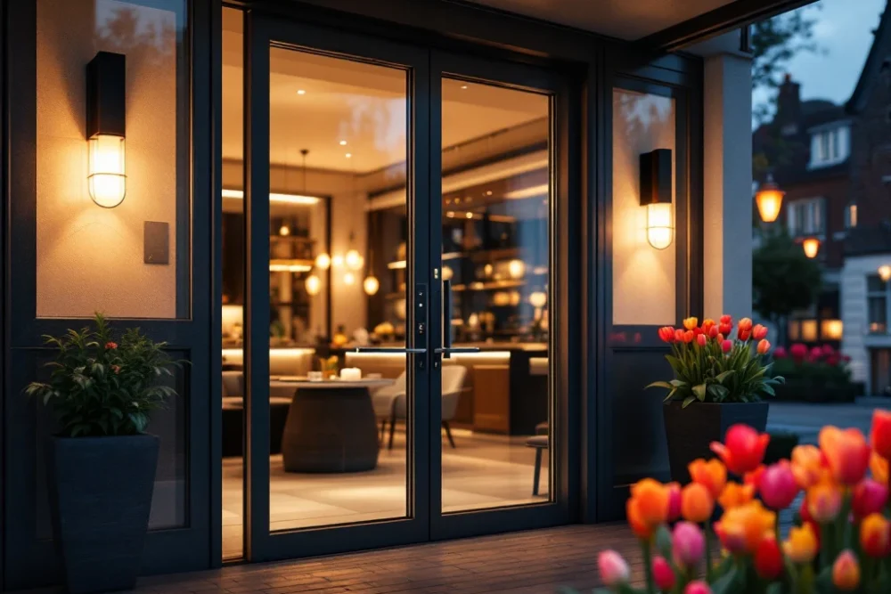 Ingang van een modern hotel in Nederland met sleutelvrije toegang, zachte verlichting, glazen deuren en kleurrijke tulpen bij schemering. Modern hotelentree met elegant sleutelloos systeem, glanzende glazen deuren, sfeerverlichting en tulpen, weerspiegelt luxe en innovatie.