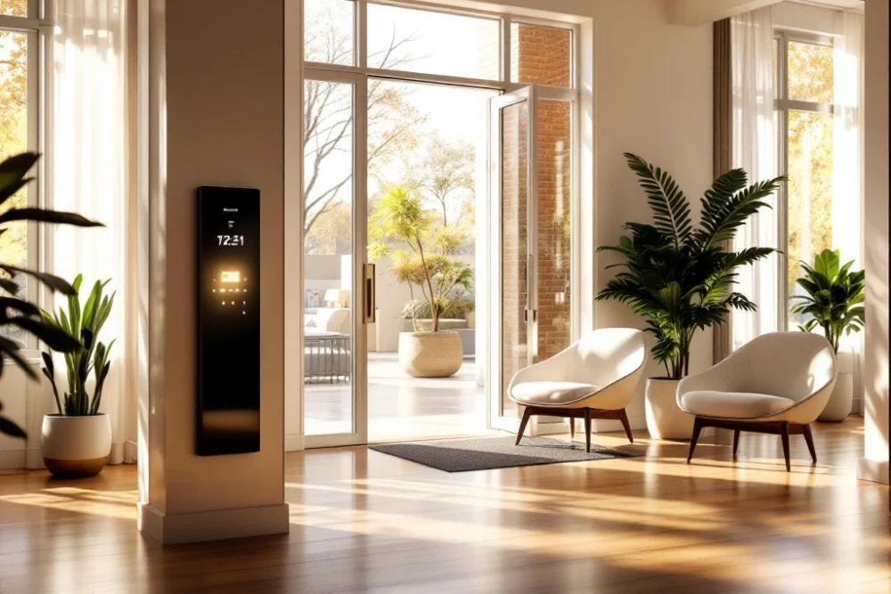 Een moderne hotelhal met sleutelvrije toegang, veel natuurlijk licht, groene planten en elegant meubilair, weerspiegelt luxe en innovatie.