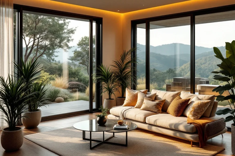 Luxe interieur met comfortabele sofa, houten accenten en planten, warme verlichting en grote ramen met uitzicht op een sereen landschap. Moderne, luxe ruimte met een stijlvolle bank, warme verlichting, grote ramen en duurzame elementen, straalt comfort en elegantie uit.