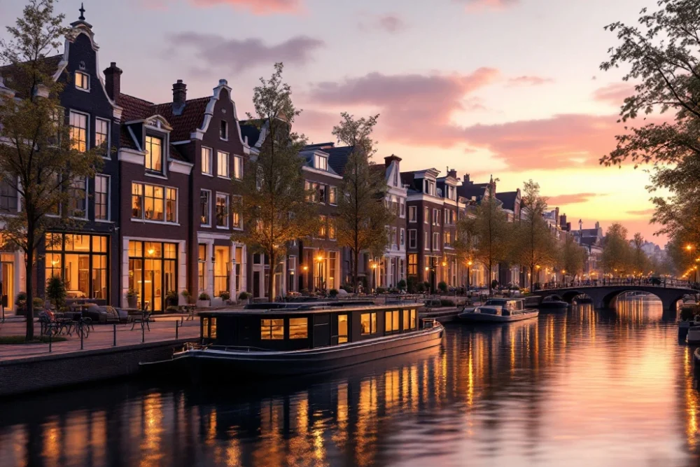 Een moderne, luxe Nederlandse canalscene bij zonsondergang met verlichte huizen en een stijlvolle woonboot, uitstralend comfort en exclusiviteit. Moderne Nederlandse grachten bij zonsondergang met verlichte gebouwen, een stijlvolle woonboot en een serene, luxe sfeer.