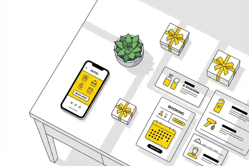 Smartphone met boekings-app op modern bureau met cadeaudozen, hotelvoorzieningen en vetplant in minimalistisch design