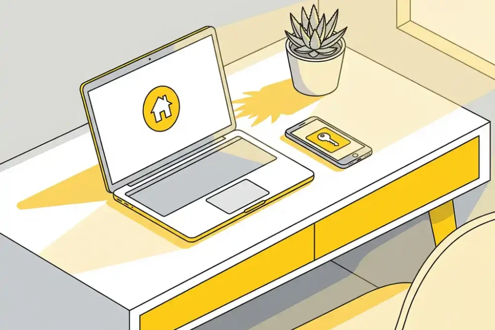Moderne werkplek met laptop die huisicoon toont, smartphone met sleutelsymbool, succulent en geel accent