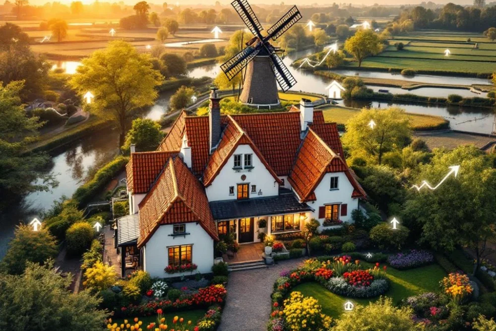Luchtfoto van Nederlands bed and breakfast met rode dakpannen, witte gevel en kleurrijke tulpentuin bij zonsondergang
