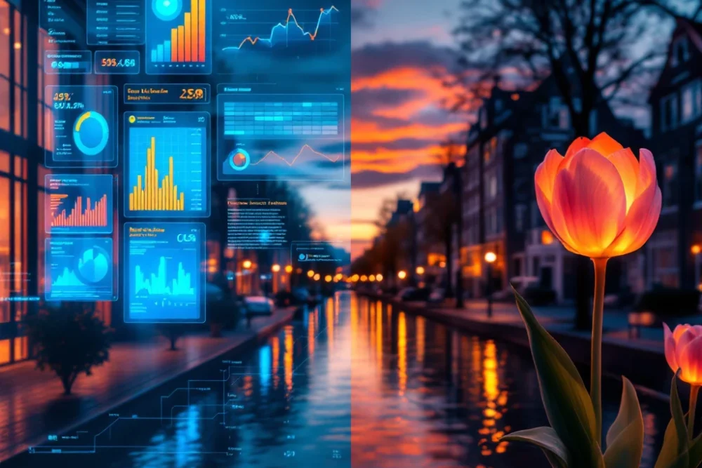 Modern Nederlands kanalenhuis bij schemering met gesplitst beeld: digitale marketinganalyses met grafieken links, traditionele reclame-uitgaven rechts.