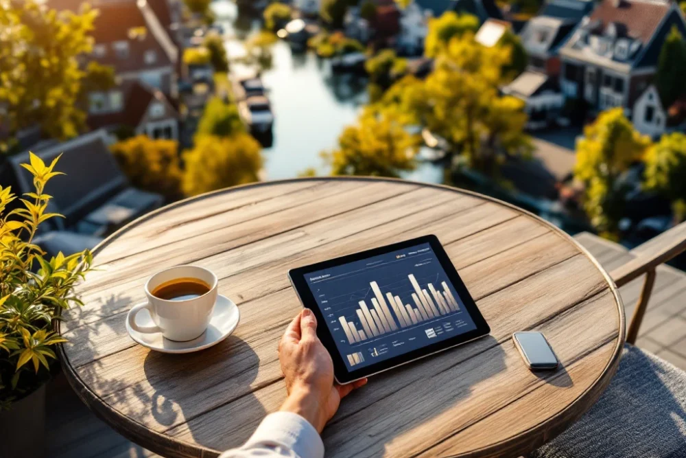 huizenmarkt-nederlands-dorp-vastgoed-statistiek.jpg Nederlands vastgoedconcept: tablet met stijgende grafieken op terras met uitzicht op grachten en kleurrijke huizen, waarbij één pand gouden gloed heeft. Sleutel en koffie erbij.