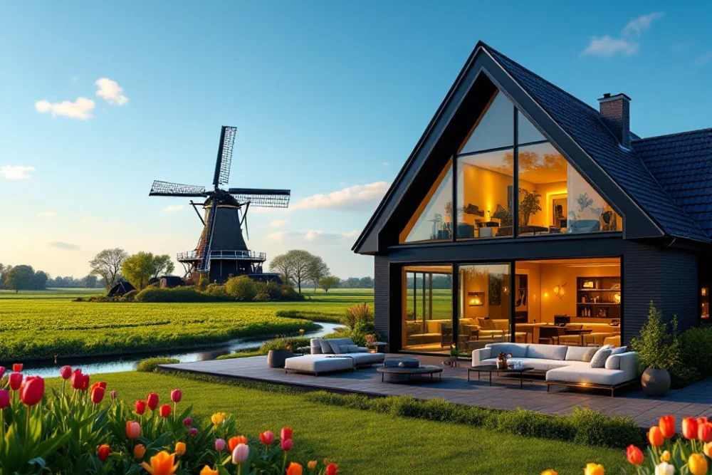 Hedendaags Airbnb-appartement met grote ramen en tulpen, gelegen bij een traditionele molen in een groen, rustgevend Nederlands landschap. Een modern Airbnb met grote ramen en een tuin met tulpen, gelegen in een traditioneel Nederlands landschap met een windmolen.
