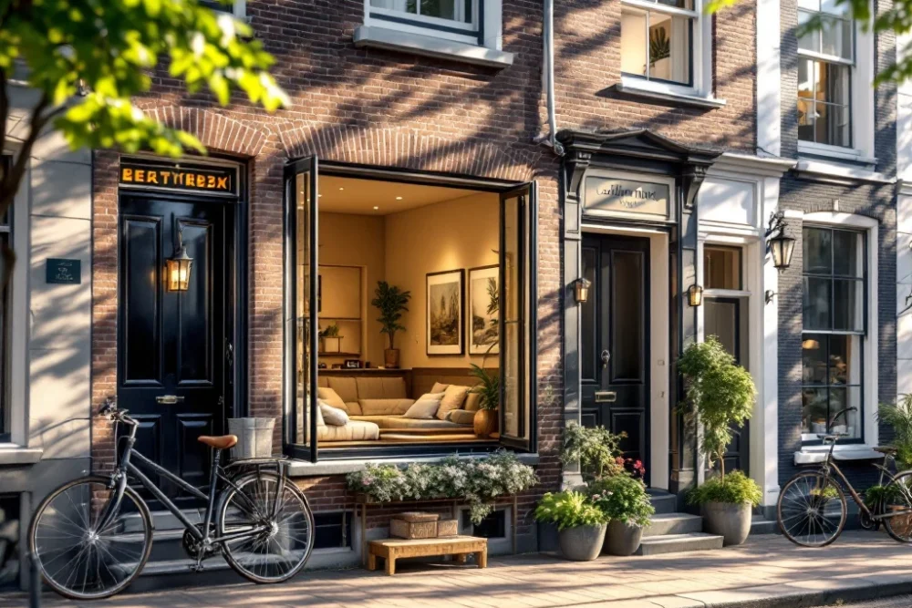 Een zonovergoten Nederlandse straat met historische gebouwen en een moderne Airbnb, fietsjes geparkeerd, straalt warmte en gastvrijheid uit. Een zonovergoten Nederlandse straat met historische gebouwen en een moderne Airbnb, open raam toont een stijlvol, luxe interieur.