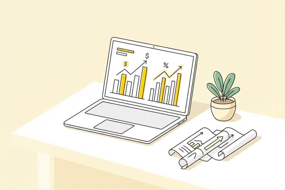 Laptop met omzetgrafieken en analytics op wit bureau naast plant en documenten met gele accenten