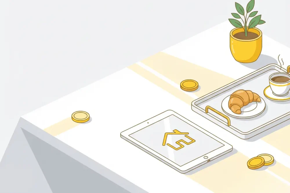 Wit bureau met ontbijtblad, tablet met huisicoon, euro munten en plant in minimalistische SaaS stijl