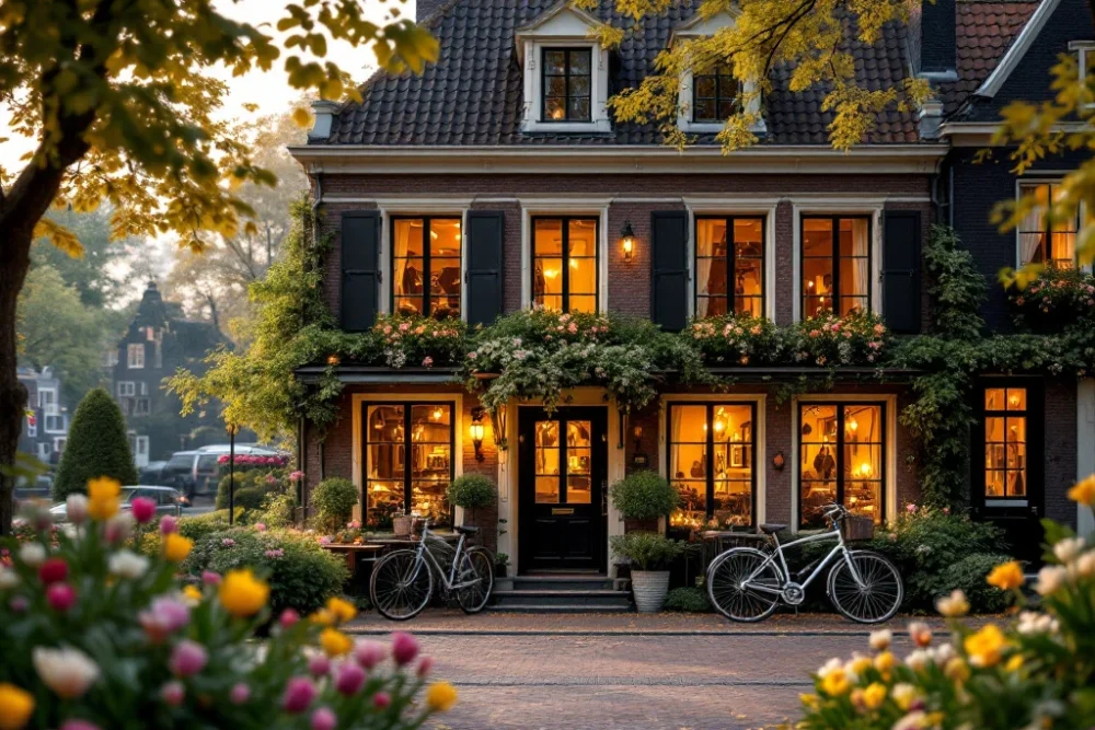 Pittoresk Nederlands hotel met traditionele architectuur, fietsen, tulpen en warme verlichting, in harmonie met de natuur. Pittoresk Nederlands hotel met traditionele architectuur, moderne accenten, fietsen, tulpen en warme verlichting. Lush groen landschap.