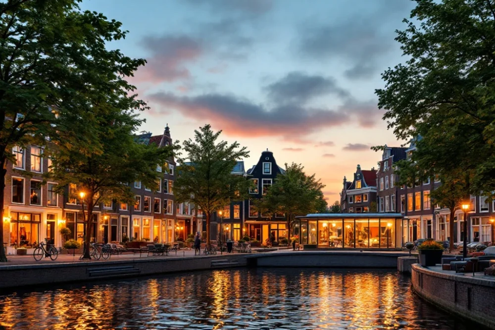 Een sfeervol Nederlands stadsgezicht bij schemering met verlichte grachtenpanden en een luxe Airbnb, omgeven door groen en fietsen. Stad bij schemering met verlichte grachtenhuizen en moderne Airbnb, weerspiegeld in water. Fietsen langs straat, lucht in roze en blauw.