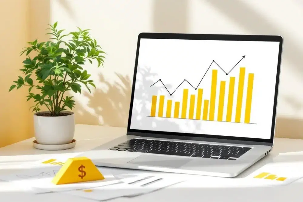 Laptop toont stijgende grafieken naast gele prijslabel op bureau met plant en documenten voor SaaS prijsoptimalisatie