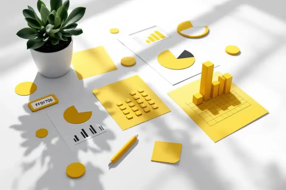 Rekenmachine en staafdiagram op bureau met gele data-elementen voor prijsanalyse en revenue management strategie
