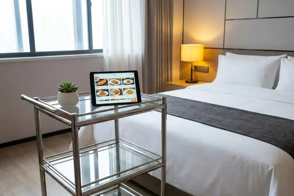 Elegante roomservice trolley met moderne tablet naast opgemaakt hotelbed met witte lakens en gele bedlamp