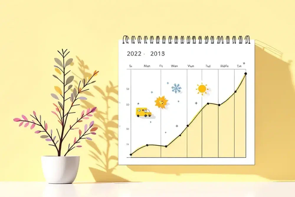 Kalender met seizoensiconen en gele lijngrafiek die boekingsvolumes per seizoen toont op minimalistisch bureau