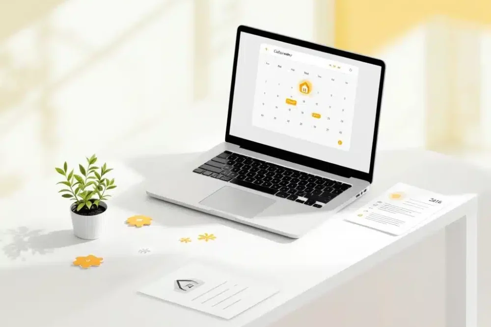 Moderne laptop met seizoenskalender-interface op wit bureau, naast plant en documenten met huisicoon