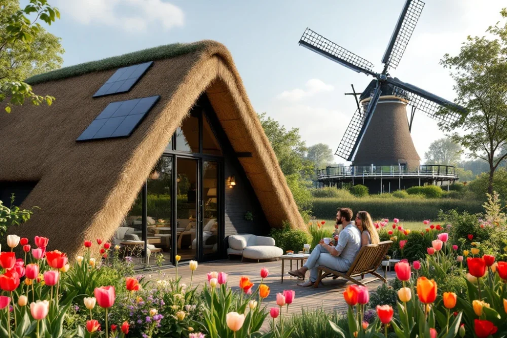 Een modern, eco-vriendelijk huisje met een rieten dak, zonnepanelen en een windmolen, omgeven door groen en tulpen, met een ontspannen stel. Moderne, duurzame Nederlandse Airbnb met een rieten dak, zonnepanelen, windmolen, en een stel genietend van koffie tussen tulpen.