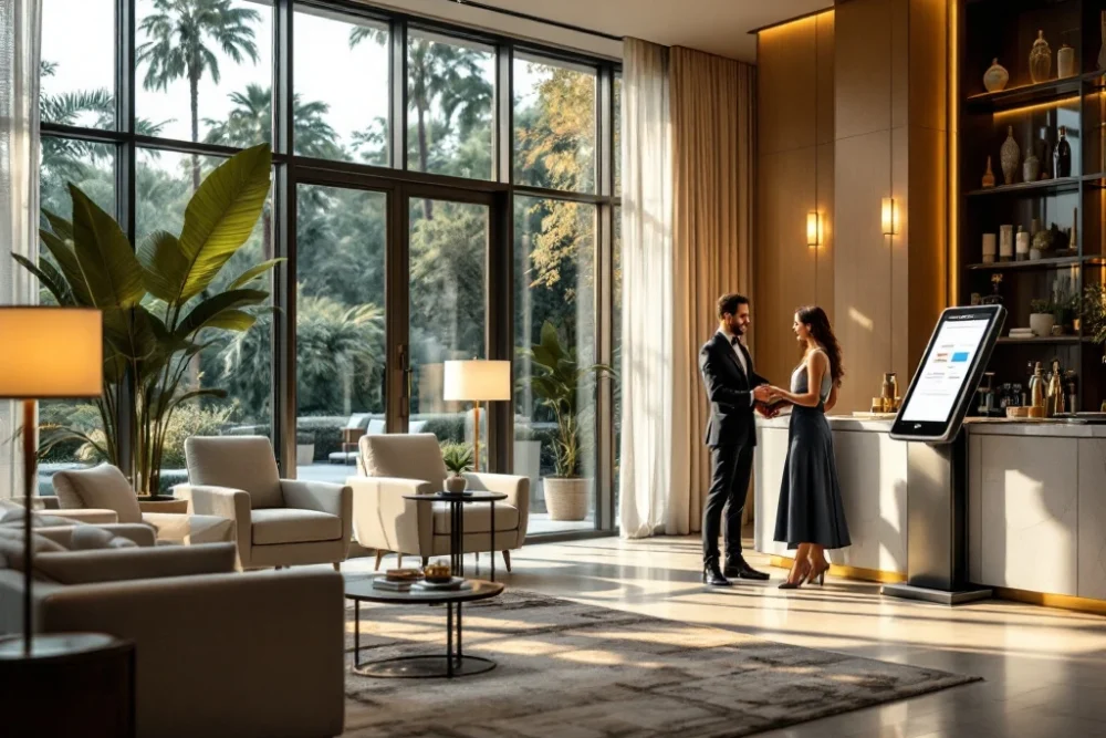 Een luxe hotel lobby met moderne meubels, veel natuurlijk licht, een conciërge die gasten helpt en een digitaal incheckkiosk. Een luxe hotel lobby met moderne meubels, veel natuurlijk licht, een conciërge die een stel helpt, en een digitaal incheckkiosk.