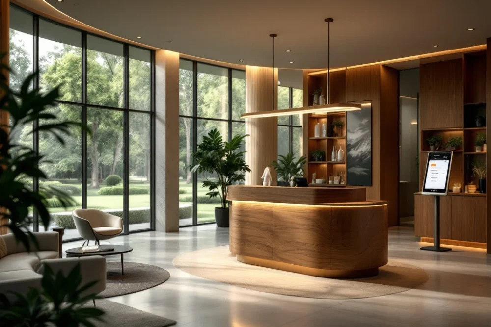 Een luxe hotel lobby in Nederland met modern design, warme verlichting, een eikenhouten balie, grote ramen en elegante planten. Een serene en luxe hotel lobby met modern ontwerp, houten meubels, groen uitzicht, en technologie, stralend comfort en stijl uit.