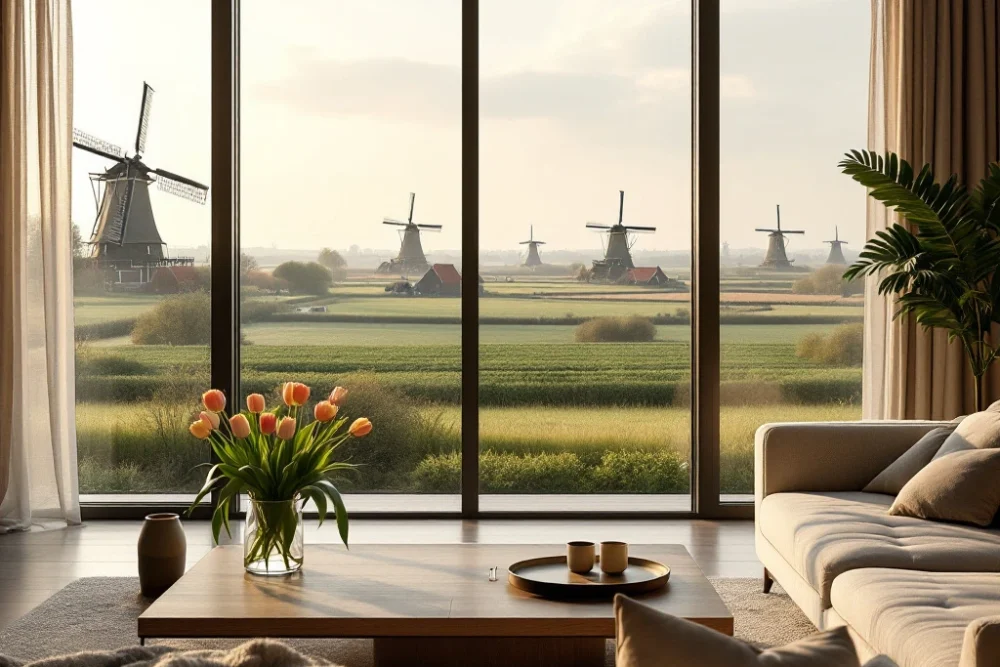 Interieur van luxe Airbnb met moderne meubels, grote ramen met uitzicht op groene velden en windmolens, beheerd door BetterStays. Luxe Airbnb met modern interieur, grote ramen met uitzicht op groene velden en windmolens. Tulpen op tafel, warme en elegante sfeer.