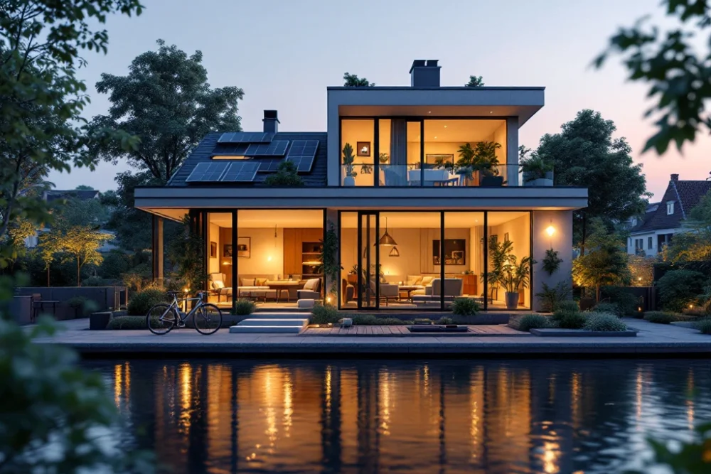 Een sfeervol modern Airbnb aan een Nederlandse gracht bij schemering, met luxe interieur, klassieke architectuur en duurzame elementen. Kanaalscene bij schemering met luxe Airbnb, moderne Nederlandse architectuur, grote ramen, warme verlichting en duurzame elementen.