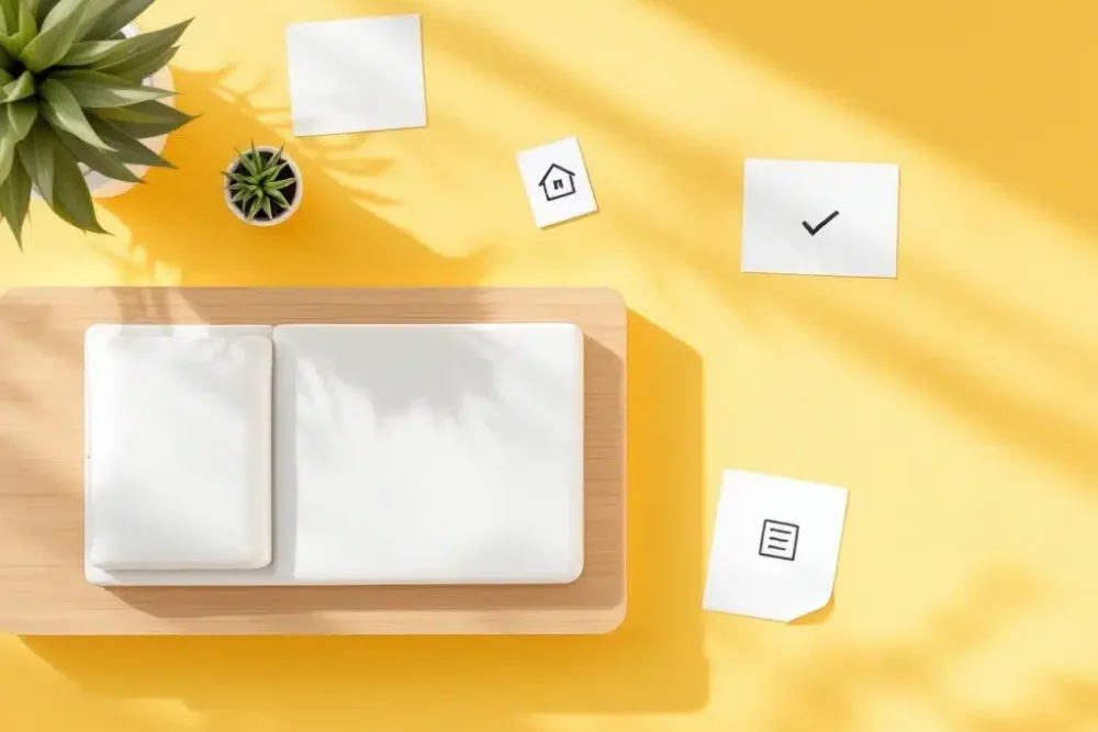 accommodatie-beheer-slaapkamer-illustratie-geel.jpg Bovenaanzicht van minimalistisch slaapkamer pictogram op gele achtergrond met plant en huiskaarten op houten bureau